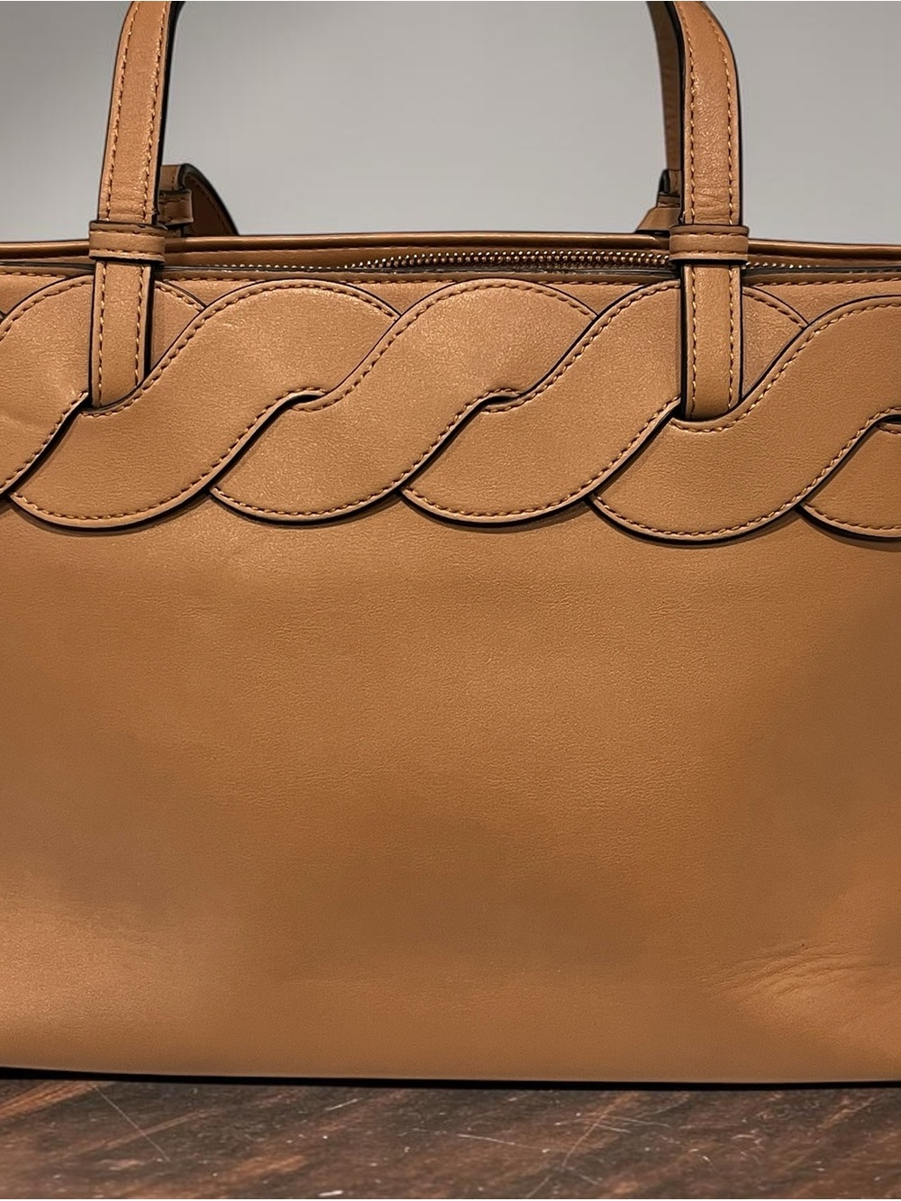 Nine West Camel Scalloped Trim Tote Bag Large Neutral Shoulder Purse